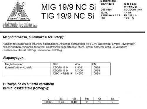 Lángpálca TIG 19/9 NC SI 2.0/1000